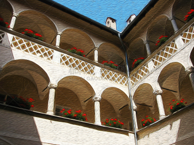 Two-tiered open gallery with openwork arches and balconies. Exquisite decoration, balcony red flowers, looks like italian patio. A building in the historical centre of Klagenfurt, Austria. Digital colorful painting