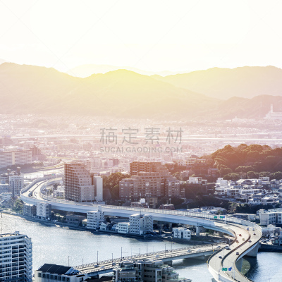 日本,城市天际线,航拍视角,城镇景观,云,黄昏,现代,河流,建筑,市区