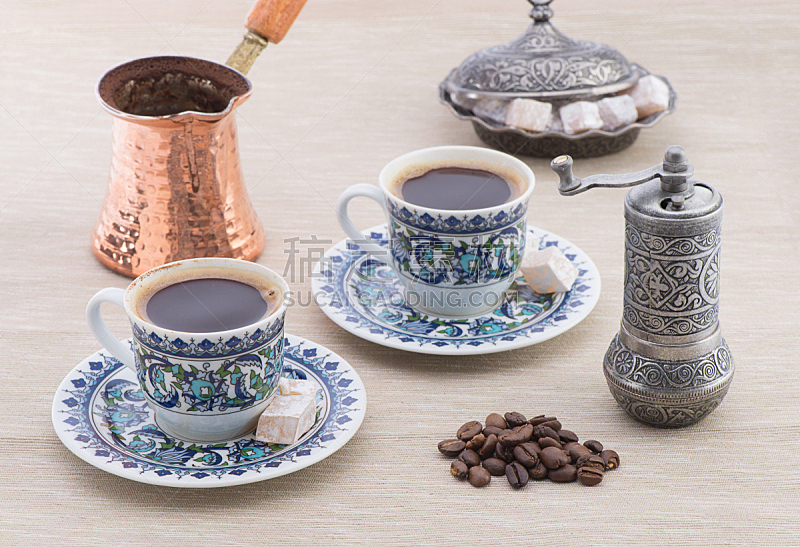 土耳其清咖啡,烤咖啡豆,水平画幅,无人,古典式,饮料,咖啡,土耳其软糖,甜食,影棚拍摄