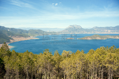 泸沽湖,中国,风景,天空,水平画幅,地形,无人,水平线,海港,蓝色
