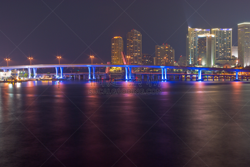 夜晚,海港,迈阿密,城市天际线,水,水平画幅,无人,大西洋,比斯坎湾海湾,户外