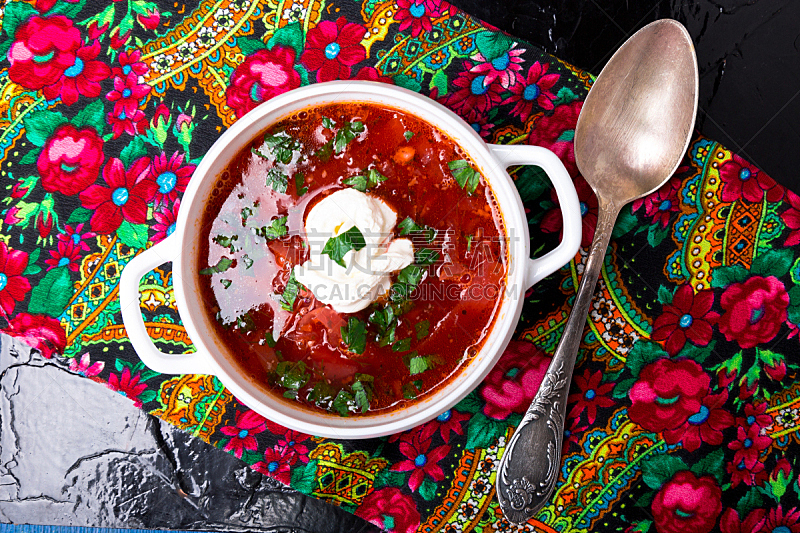 罗宋汤,甜菜,素食,传统,碗,乌克兰,汤,红色,黑色背景