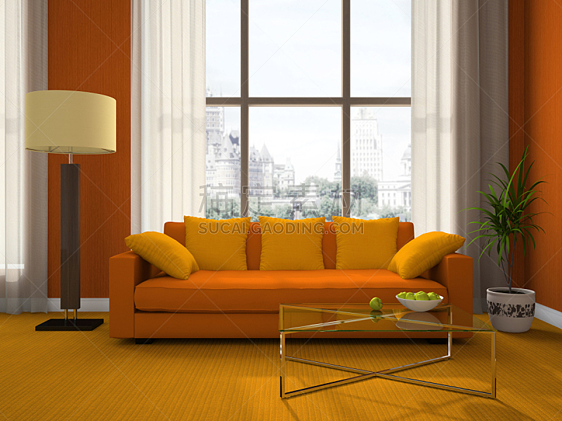 起居室,部分,极简构图,舒服,玻璃杯,橙色,椅子,沙发,装饰物,住宅内部