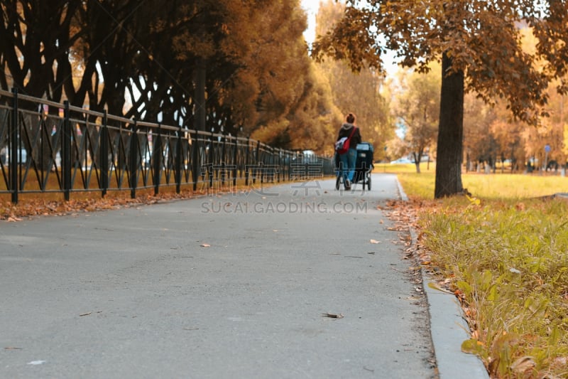 公园,小路,女人,主观视角,水平画幅,父母,折叠童车,夏天,户外,白人