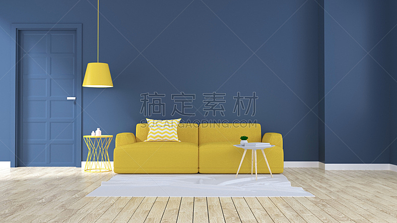 现代,沙发,室内,黄色,硬木地板,极简构图,墙,起居室,三维图形,蓝色