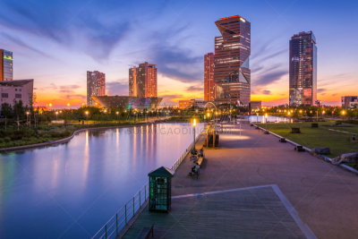 韩国,首尔,仁川,城市,居住区,自然美,中央公园,全球财政,七月,日落