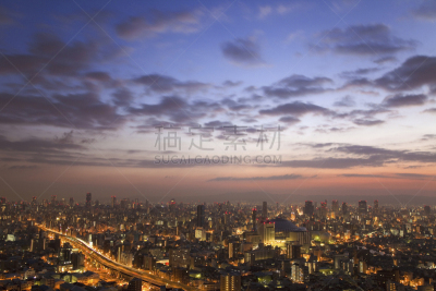 黎明,巨大的,中央区,办公室,城镇景观,水平画幅,高视角,夜晚,无人,大阪市