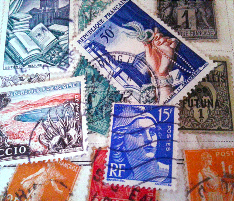 邮票,水平画幅,橙色,邮件,无人,蓝色,法国,摄影