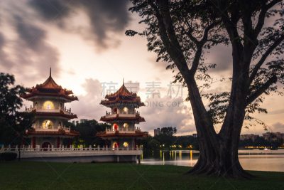 曙暮光,宝塔,双胞胎,东方石景花园,中式庭院,象征主义,新加坡,禅宗,建筑,灵性