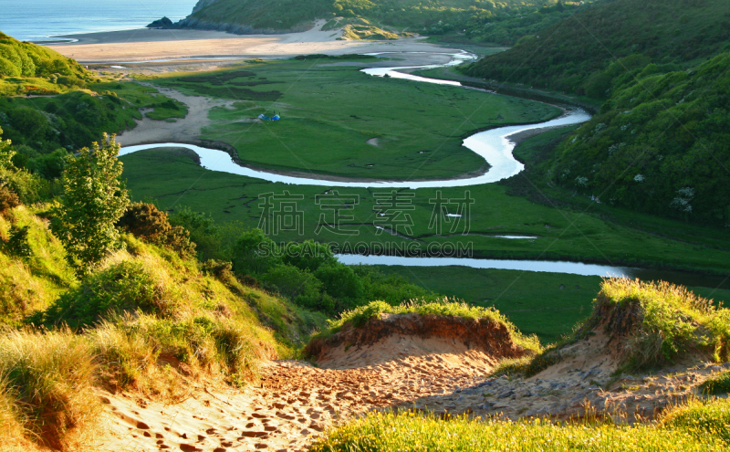 河流,高尔半岛,河口,美,水平画幅,山,沙子,无人,偏远的,户外