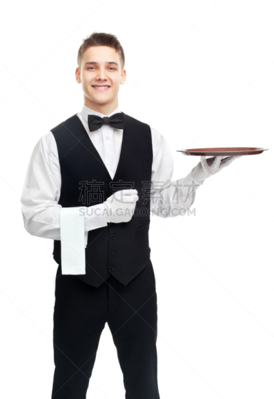 青年人,空的,餐盘,男招待,垂直画幅,注视镜头,美人,制服,套装,微笑
