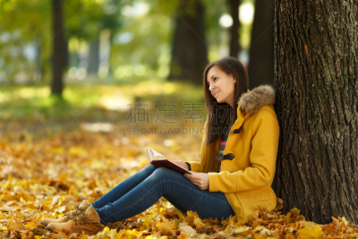 书,热,金色,女人,秋天,概念,黄色,公园,褐色,幸福