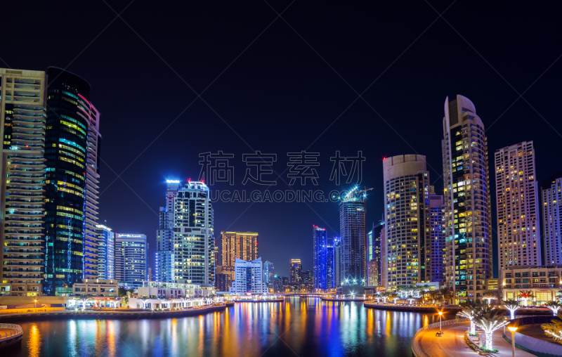 迪拜码头,全景,水,天空,度假胜地,水平画幅,夜晚,海港,巨大的,旅行者