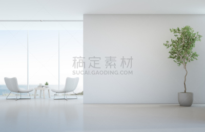 现代,白色,海洋,看风景,茶几,酒店,背景,空的,窗户,玻璃