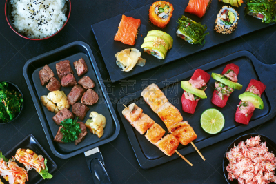 晚餐,美味,概念,格子烤肉,海产,黑色背景,生鱼片,日本食品,清新,蒸菜