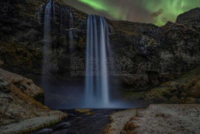 极光,塞里雅兰瀑布,Seljalandsfoss Waterfall,北极光,水,天空,美,水平画幅,夜晚,瀑布