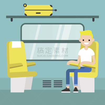 绘画插图,青年人,矢量,平坦的,火车,乘客,车厢,行李架,交通工具内部,少男