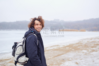 青年人,冬天,男人,自然,背包,泉,脚气,男服,旅行者,湖