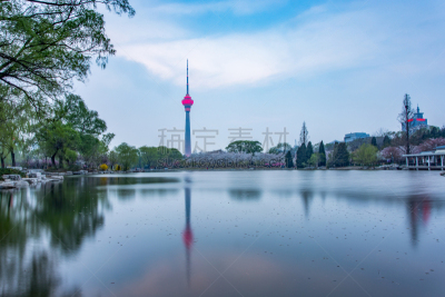 北京,玉渊潭公园,中央电视塔,水,天空,水平画幅,樱花,无人,户外,彩色图片