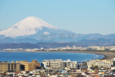 相模湾,富士山,海湾国家,江之岛,藤泽市,天空,水平画幅,雪,无人,日本