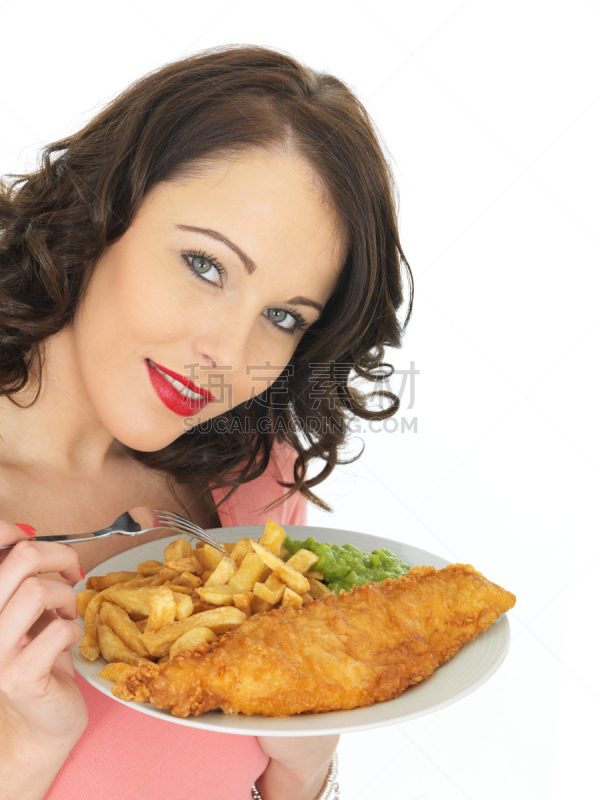 炸鱼薯条,mushy peas,青年女人,快乐,垂直画幅,美,注视镜头,美人,黑发,海产