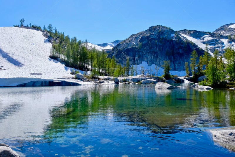 雪,湖,山,岩石,利文沃斯,西北,落叶松,西雅图,华盛顿州,水