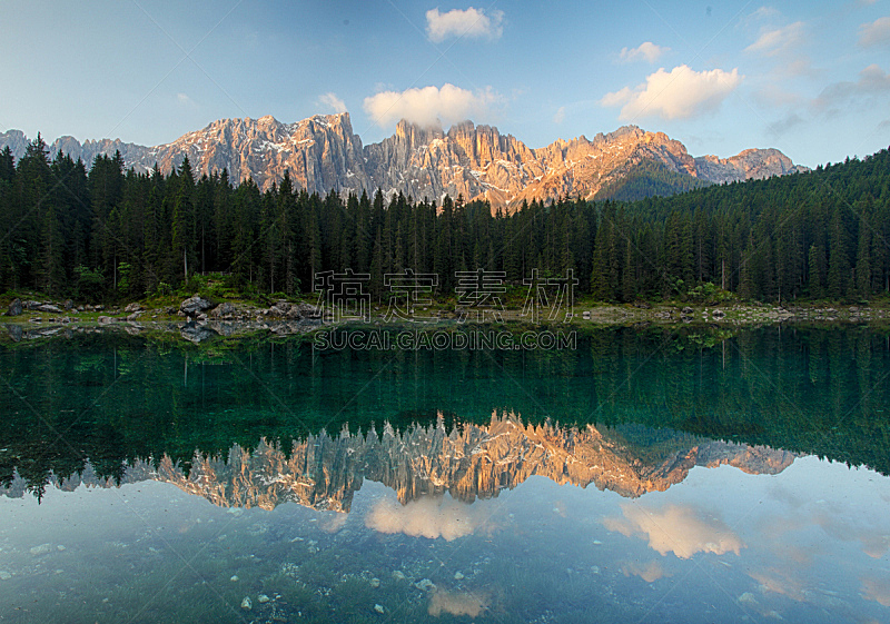 carezza湖,瑞士阿尔卑斯山,水平画幅,无人,夏天,湖,云杉,自由,植物,山