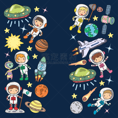 绘画插图,未成年学生,儿童,矢量,太空,乱画,外星人,天文学,木星,火星