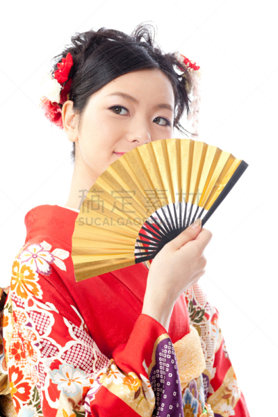 长袖和服,衣服,红色,亚洲,女人,白色背景,分离着色,注视镜头,垂直画幅,美