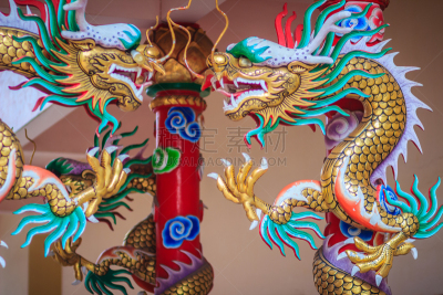中国龙,龙,红色,雕像,杆,绑扎了的,柱子,多色的,雕刻物