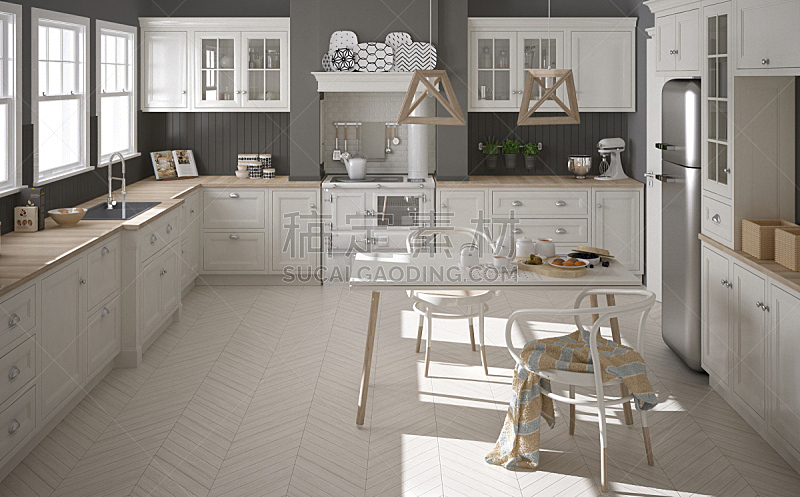 白色,斯堪的纳维亚人,木制,厨房,简单,室内设计师,极简构图,大特写,建筑模型,镶花地板