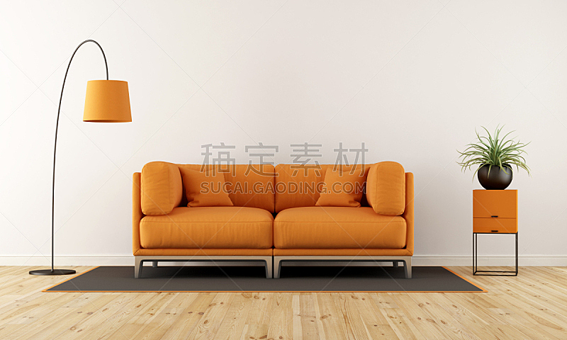沙发,橙色,起居室,极简构图,水平画幅,墙,无人,灯,家具,现代