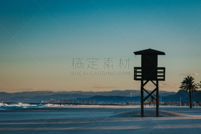 热,山脉,光,旅游目的地,海滩救护队,塔,海滩,西班牙,剪影,日落