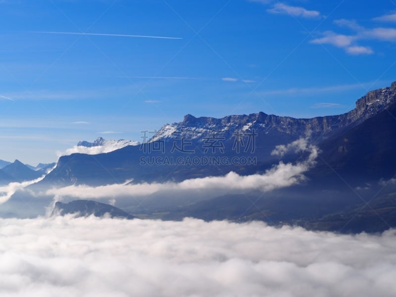 Grenoble, France – December 23, 2018: photography showing a sea of clouds above the city of Grenoble during a morning of december. The photography was taken at La Bastille viewpoint. La Bastille is a fortress culminating at 476 m (1,561ft) above sea level