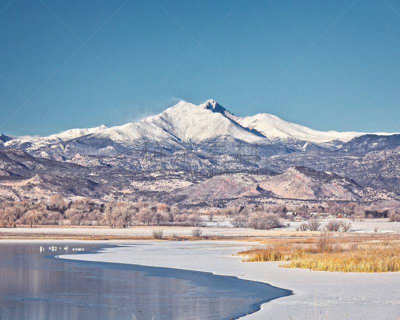 朗斯峰,山,科罗拉多州,冬天,冷,正面视角,水,美国,水平画幅,雪