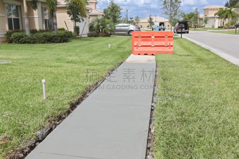新的,建筑业,水泥,人行道,禁止进入记号,建筑施工屏障,水平画幅,橙色,无人,户外