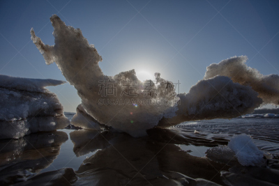 中国,海洋,冻结的,云,雪,船,动物,春天,海岸线,岩石