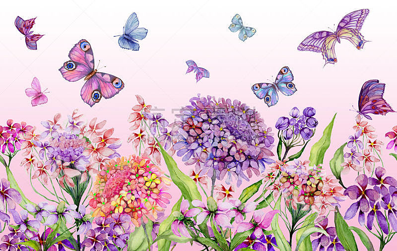 水平画幅,夏天,模板,蝴蝶,水彩画颜料,色彩鲜艳,全景,花纹,背景,花