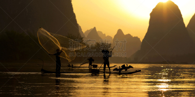 中国,渔夫,概念,传统,阳朔,鸬鹚,桂林,水平画幅,户外,非凡的
