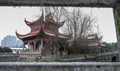 寺庙,远古的,长沙,湖南省,天空,禅宗,荷花,水平画幅,素食,雪