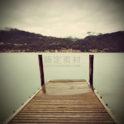 古老的,雾,宁静,码头,木制,多洛米蒂山脉,水,天空,早晨,户外