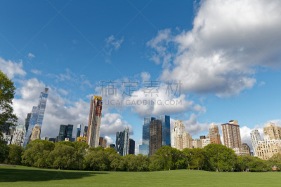 夏天,中央公园,绵羊草场,天空,留白,公园,水平画幅,云,曼哈顿金融区,无人