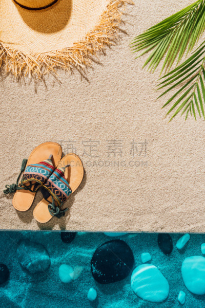 沙子,草帽,凉拖鞋,海滩,风景,顶部,高雅,个人随身用品,垂直画幅,水