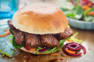 小圆面包,沙拉,牛胸肉,叶子,野餐烤牛肉,格子烤肉,胡萝卜,水平画幅,缓慢的,膳食