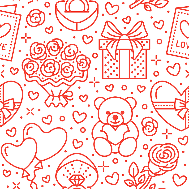 Valentines day pink seamless pattern. Love, romance flat line icons - hearts, chocolate, teddy bear, engagement ring, balloons, valentine card, red rose. Wallpaper for february 14 celebration