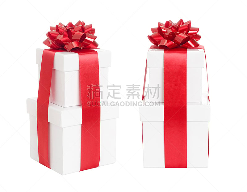 圣诞礼物,留白,水平画幅,无人,蝴蝶结,白色背景,盒子,背景分离,两个物体