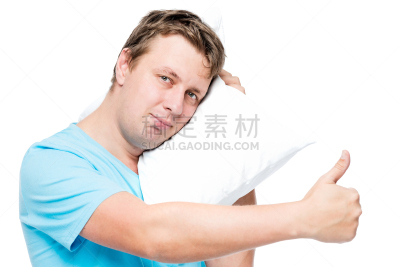 枕头,青年男人,白色背景,快乐,走钢丝,失眠症,就寝时间,二件式睡衣,睡衣,半身像