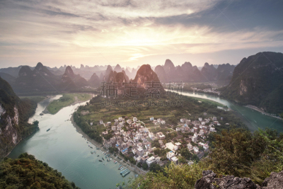 阳朔,中国,地形,兴平,喀斯特,天空,水平画幅,山,无人,石灰石