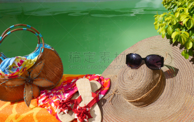 旅游目的地,游泳池,夏天,太阳镜,海滩,日光,水,水平画幅,沙子,草帽