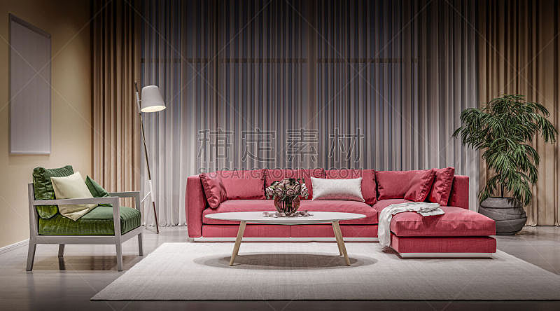 椅子,沙发,现代,起居室,红色,室内,绿色,玫瑰,空的,窗帘